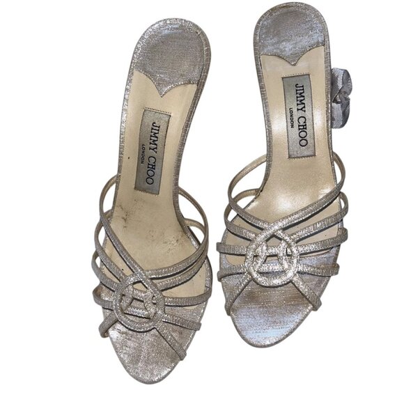 Jimmy Choo Silver metallic sparkle sandals heels HOLIDAY 7 1/2 LIKE New - Picture 2 of 7